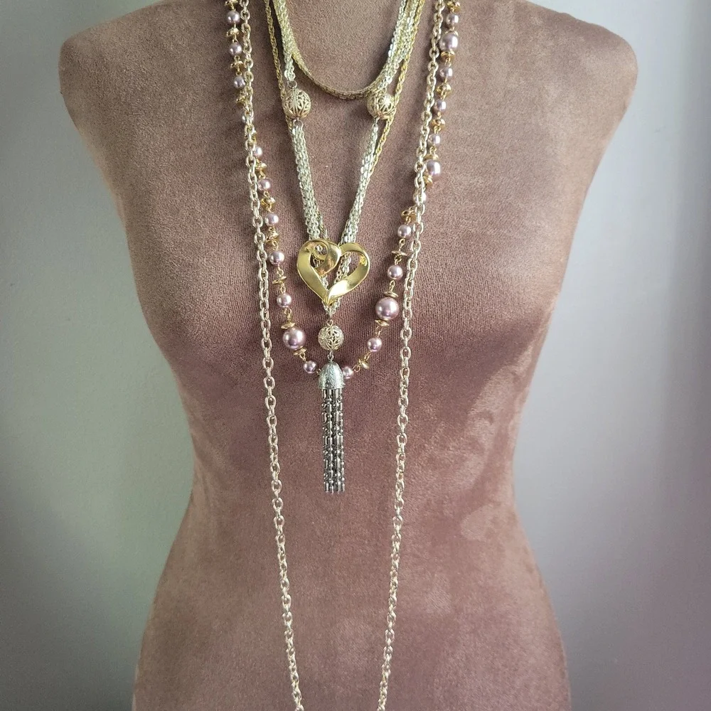 Gold Layered Necklace Lot Heart Faux‎ Pearl Tassel Chains 5pc Set Vin